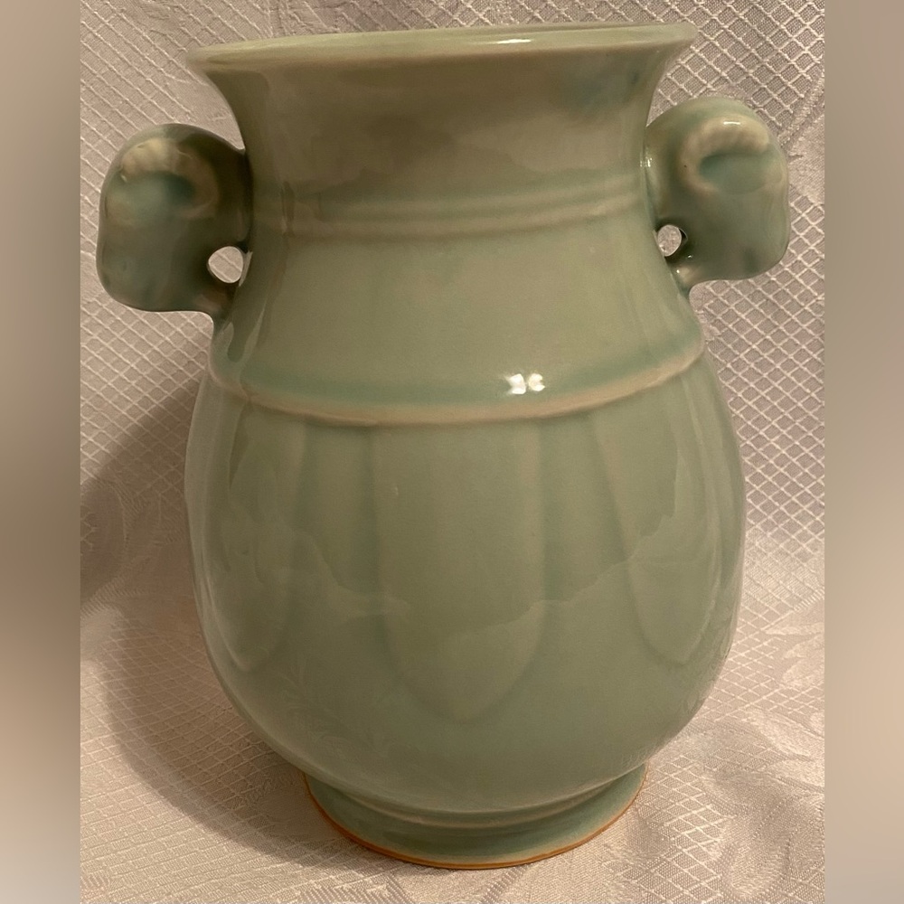 Vintage Celadon Green Vase with Rams Head Handles - Picture 1 of 5